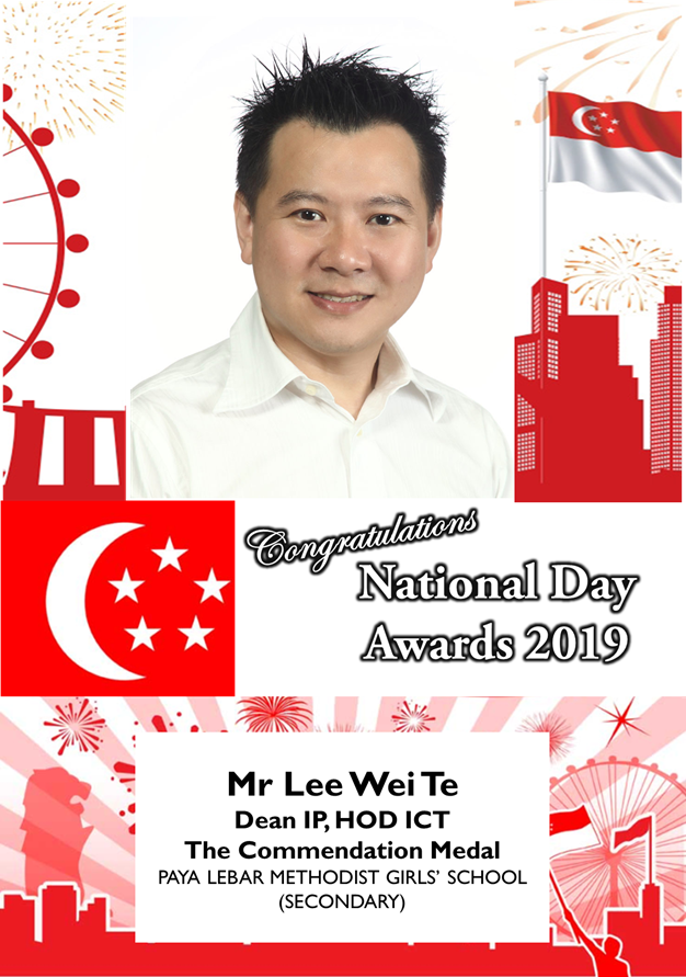 Award card for Mr Lee Wei Te, Dean IP HOD ICT, receiving the Commendation Medal at National Day Awards 2019.