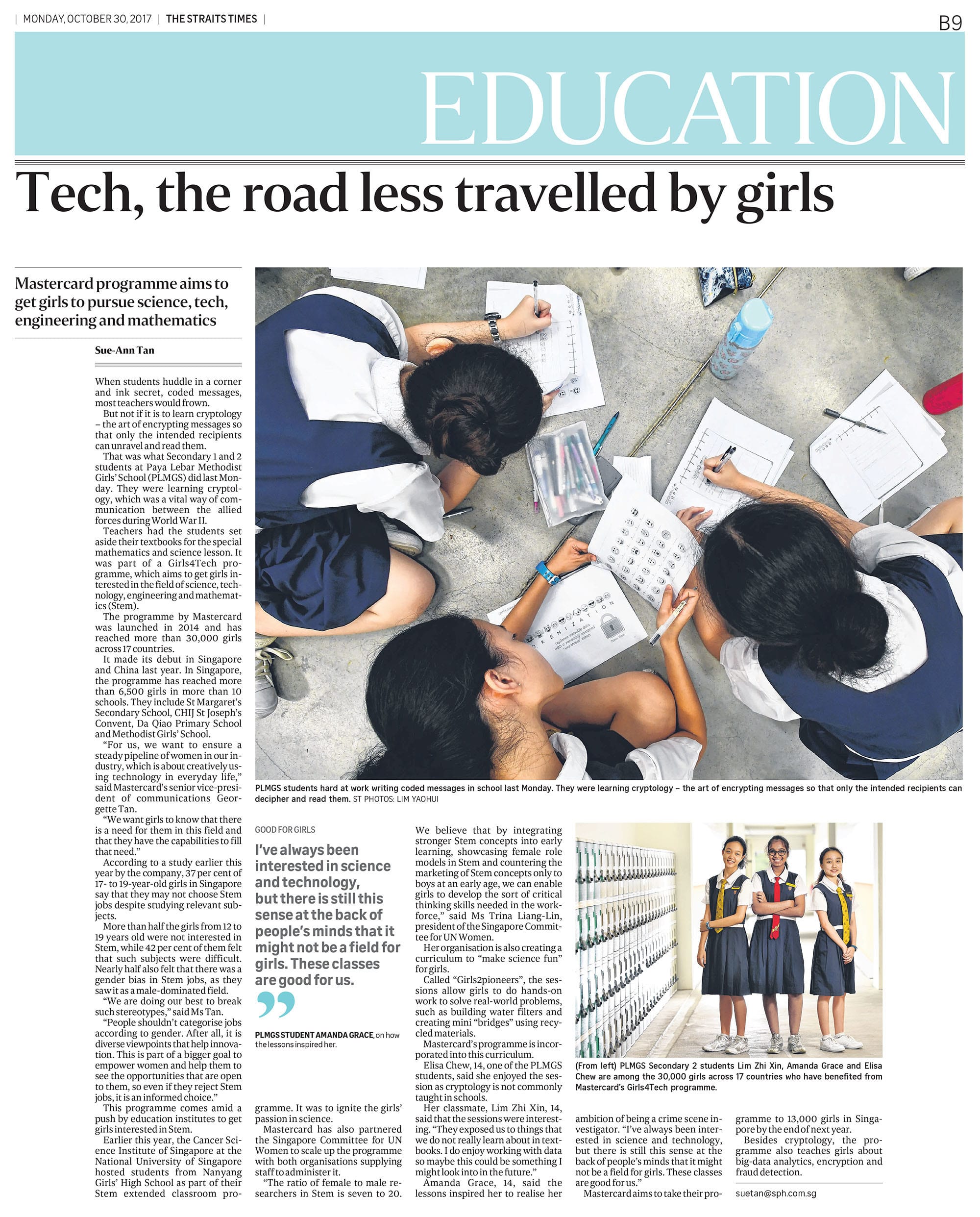 Straits Times newspaper page with headline "Tech, the road less travelled by girls" showing students writing coded messages.