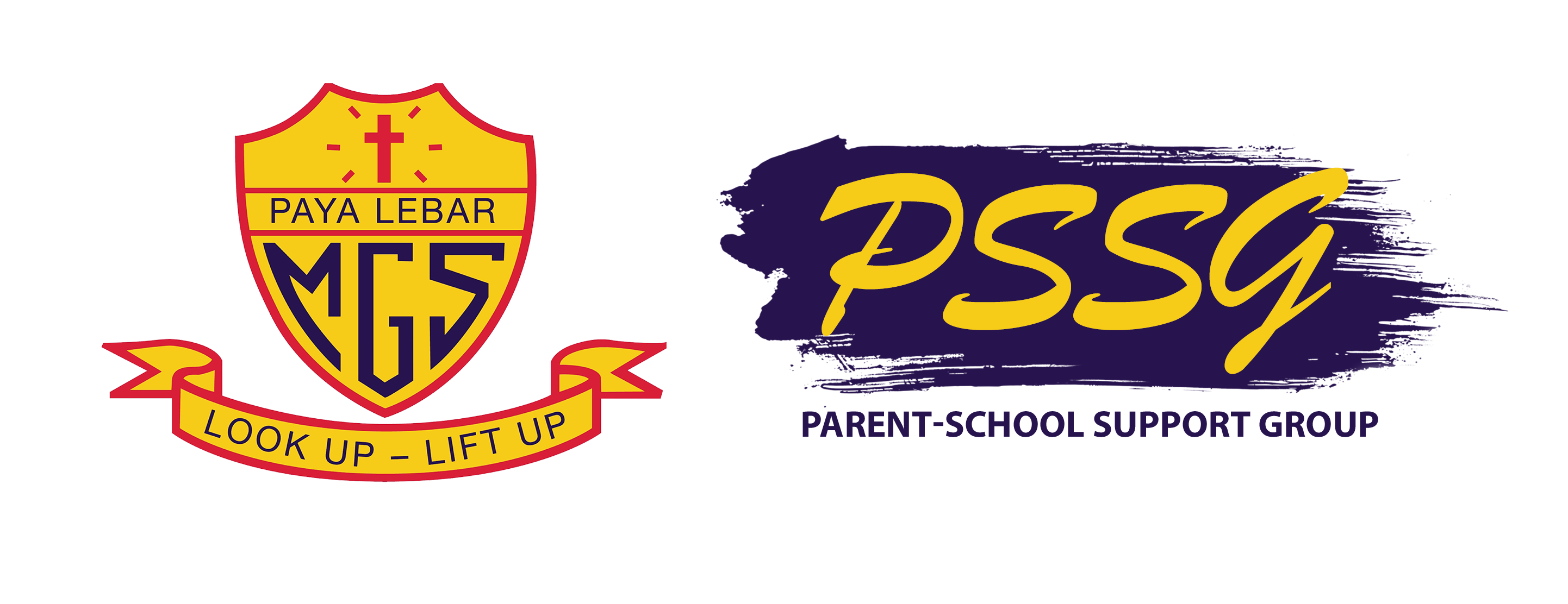 Paya Lebar MGS shield badge with motto Look Up Lift Up beside a PSSG Parent-School Support Group emblem.