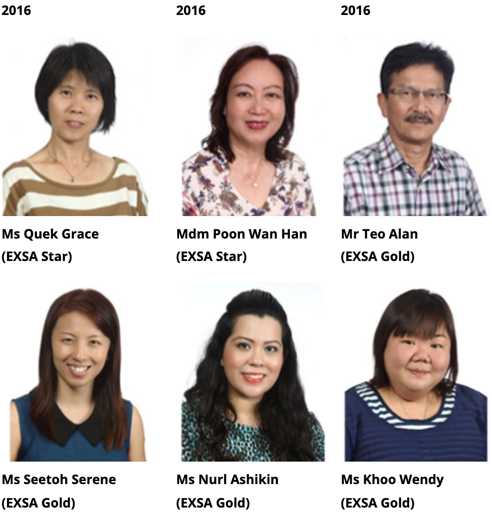 Six 2016 EXSA award recipients shown in headshots: Ms Quek Grace, Mdm Poon Wan Han, Mr Teo Alan, Ms Seetoh Serene, Ms Nurl Ashikin, Ms Khoo Wendy.