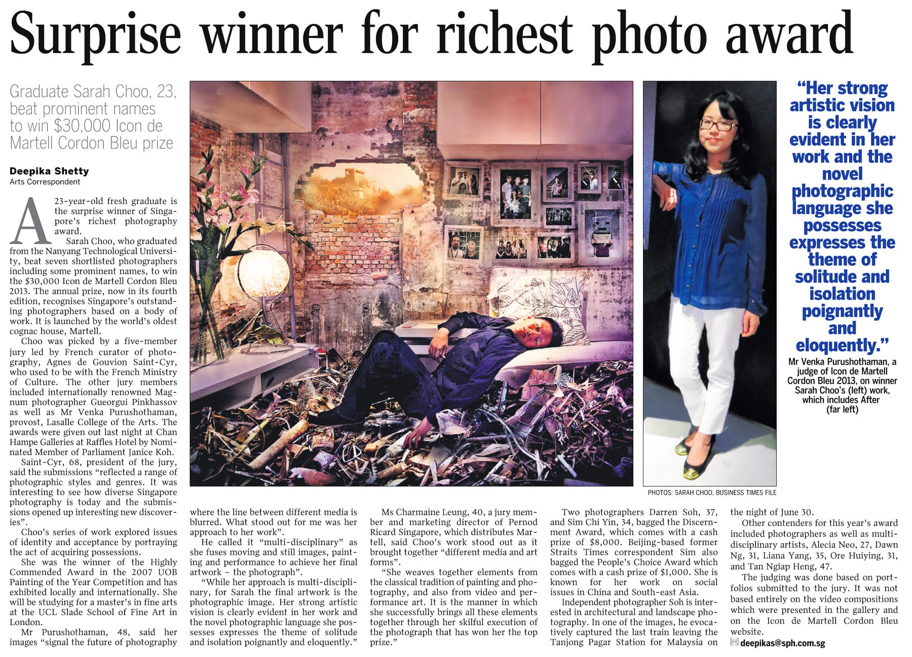 Newspaper article titled "Surprise winner for richest photo award" featuring a woman lying on debris and a portrait of Sarah Choo.