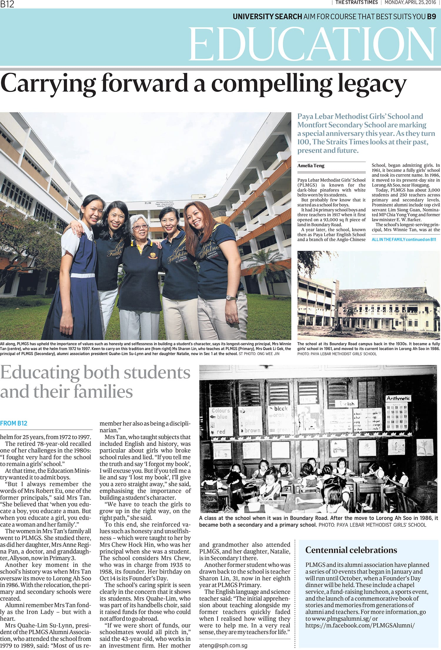 Straits Times education article titled Carrying forward a compelling legacy with photos of women and a school classroom.