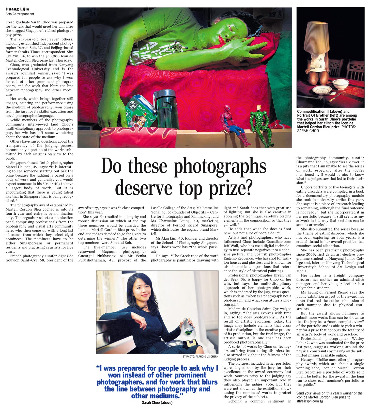 Newspaper article titled "Do these photographs deserve top prize?" featuring a photo of a woman and artistic photography.