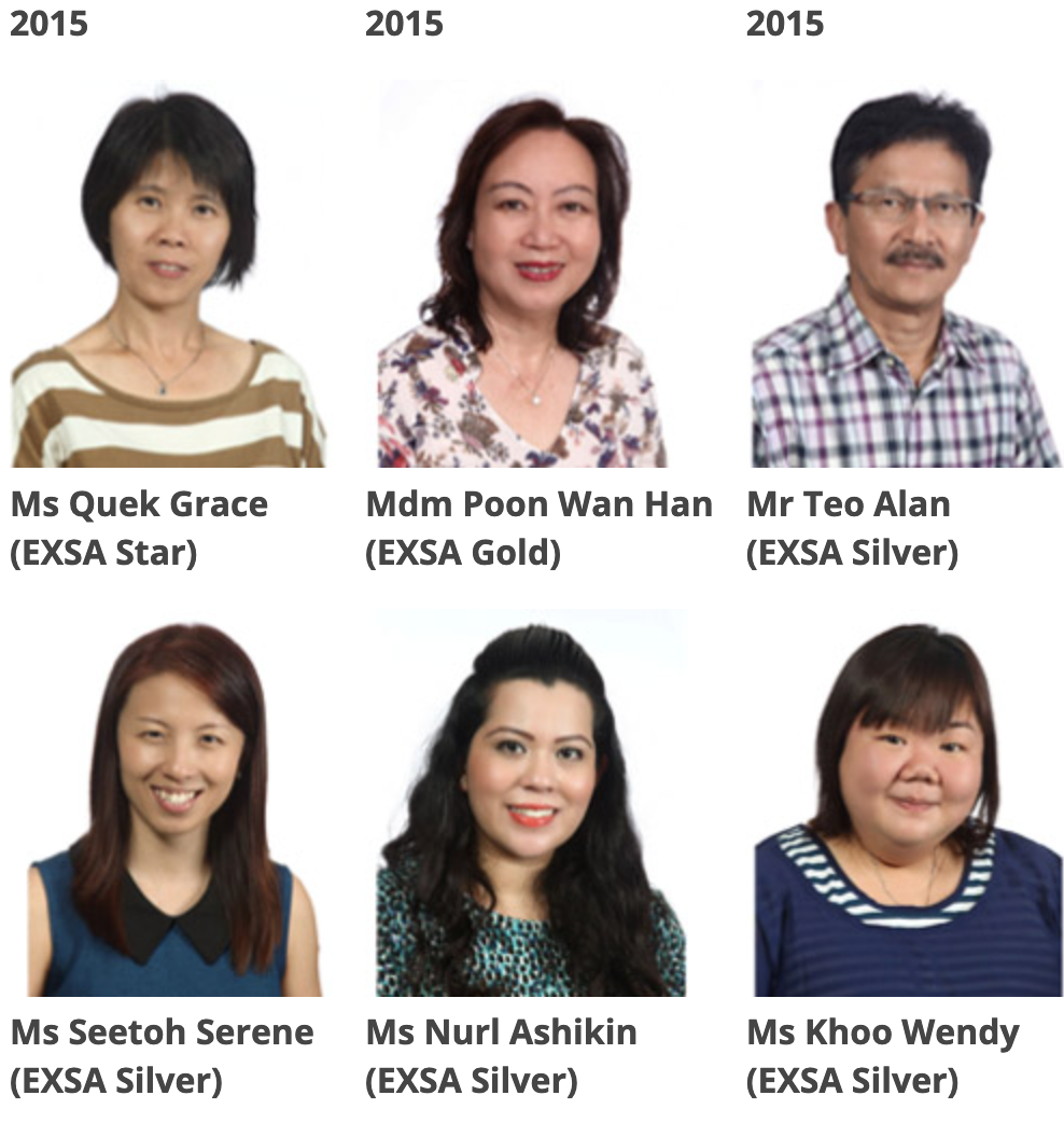 Six 2015 EXSA award recipients: Ms Quek Grace, Mdm Poon Wan Han, Mr Teo Alan, Ms Seetoh Serene, Ms Nurl Ashikin, Ms Khoo Wendy.