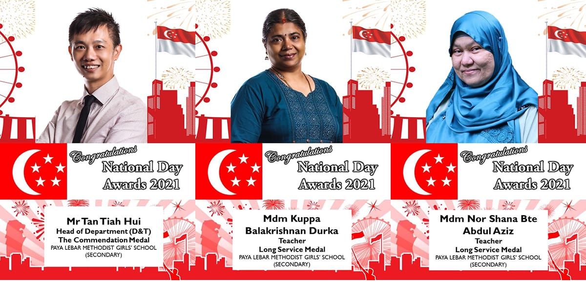 Three award recipients are congratulated for Singapore National Day Awards 2021 from Paya Lebar Methodist Girls' School.