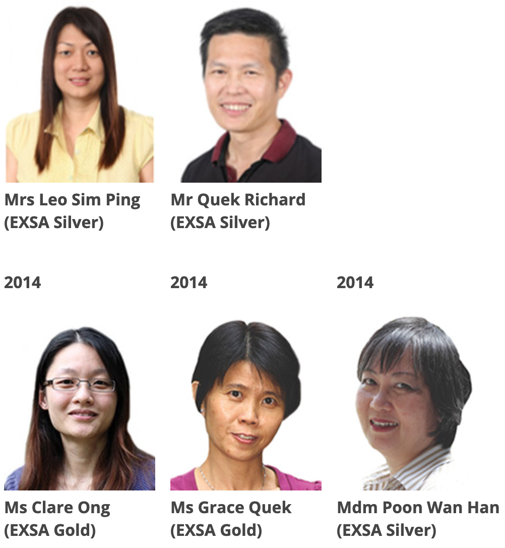 Five headshot portraits of EXSA award recipients from 2014, labeled with their names and award levels.