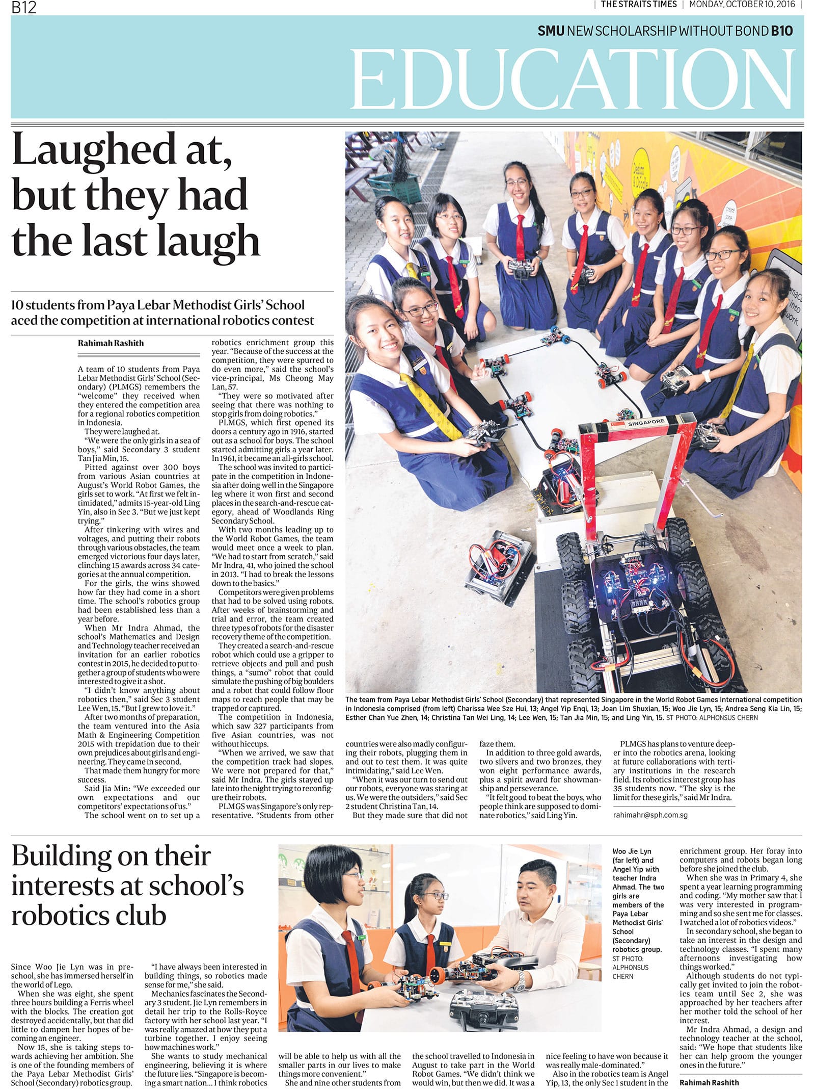 Newspaper education page with articles about girls from Paya Lebar Methodist Girls School winning a robotics competition.