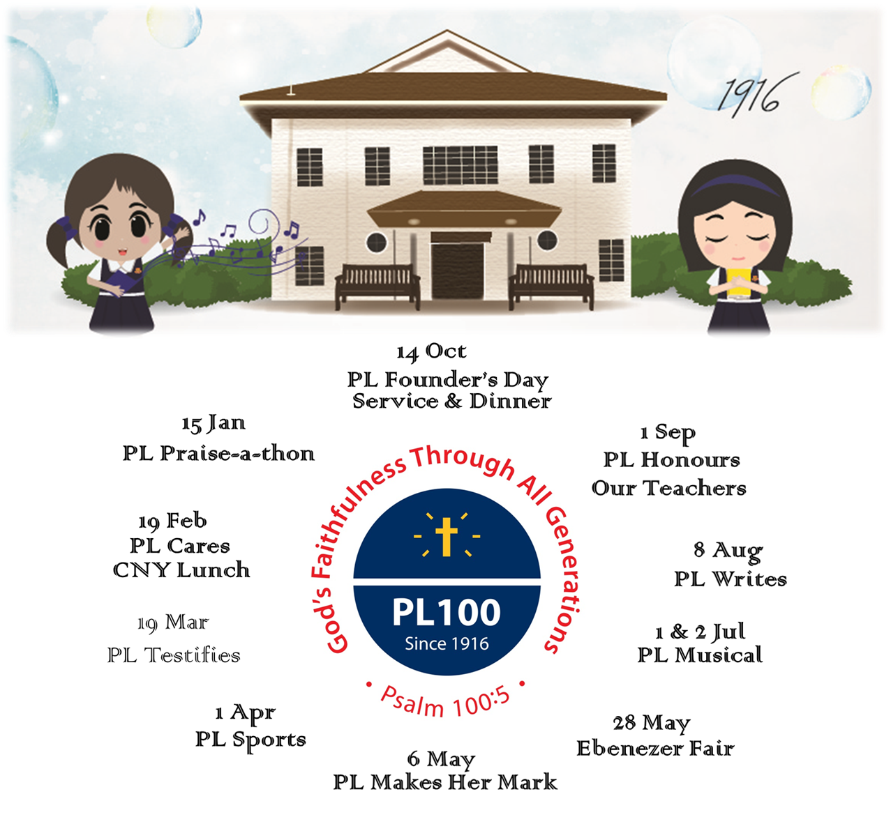 Flyer for PL100 centenary since 1916, listing school events throughout the year with two cartoon girl figures.