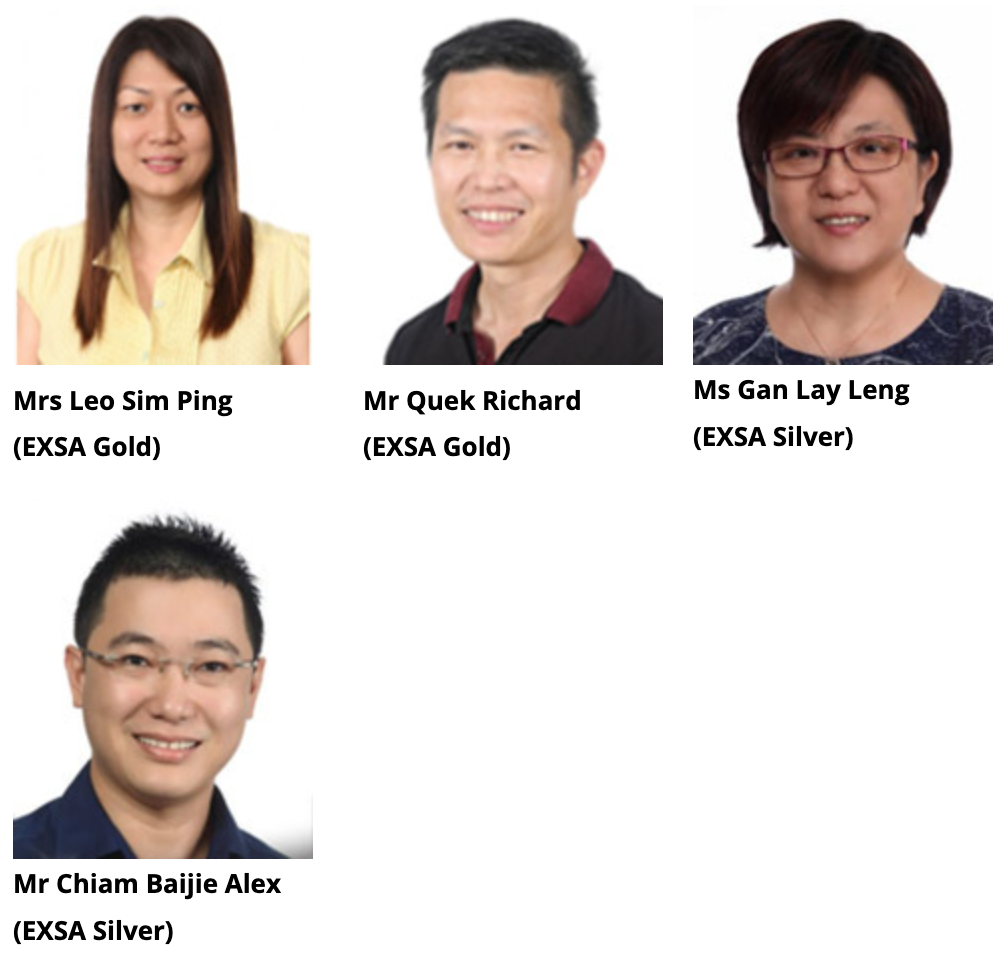 Four headshot portraits of EXSA award recipients: Mrs Leo Sim Ping, Mr Quek Richard, Ms Gan Lay Leng, and Mr Chiam Baijie Alex.