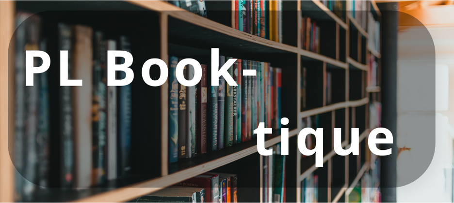 White bold text reading "PL Book-tique" over a blurred photo of dark wooden shelves filled with colorful books.