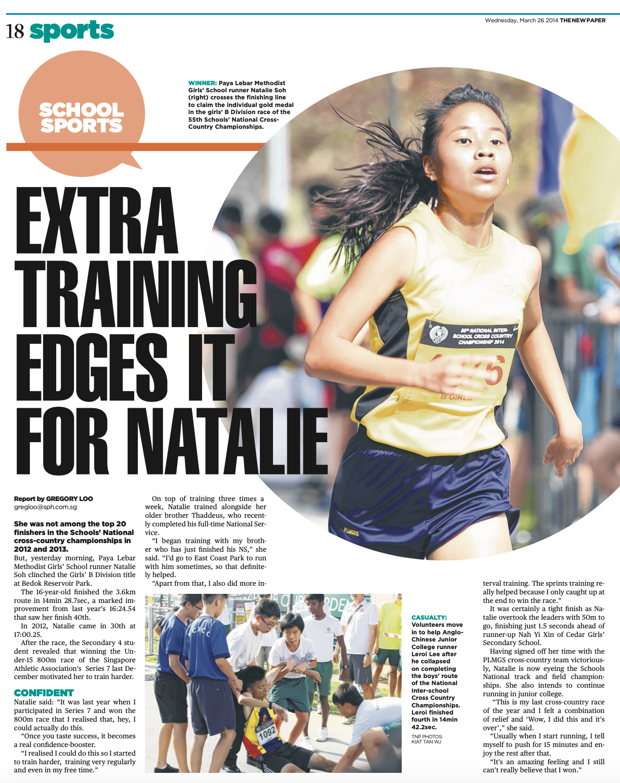 Newspaper sports page showing a young female runner crossing the finish line at a school cross-country championship.