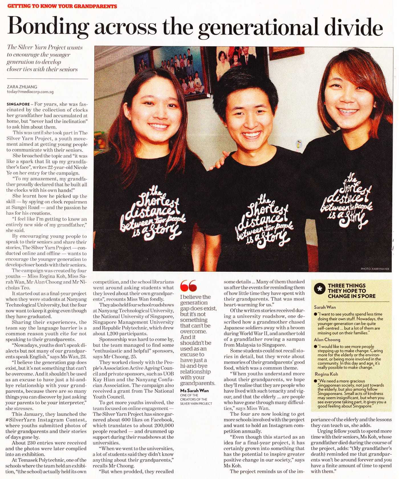Newspaper article titled "Bonding across the generational divide" with three smiling young women wearing matching black shirts.