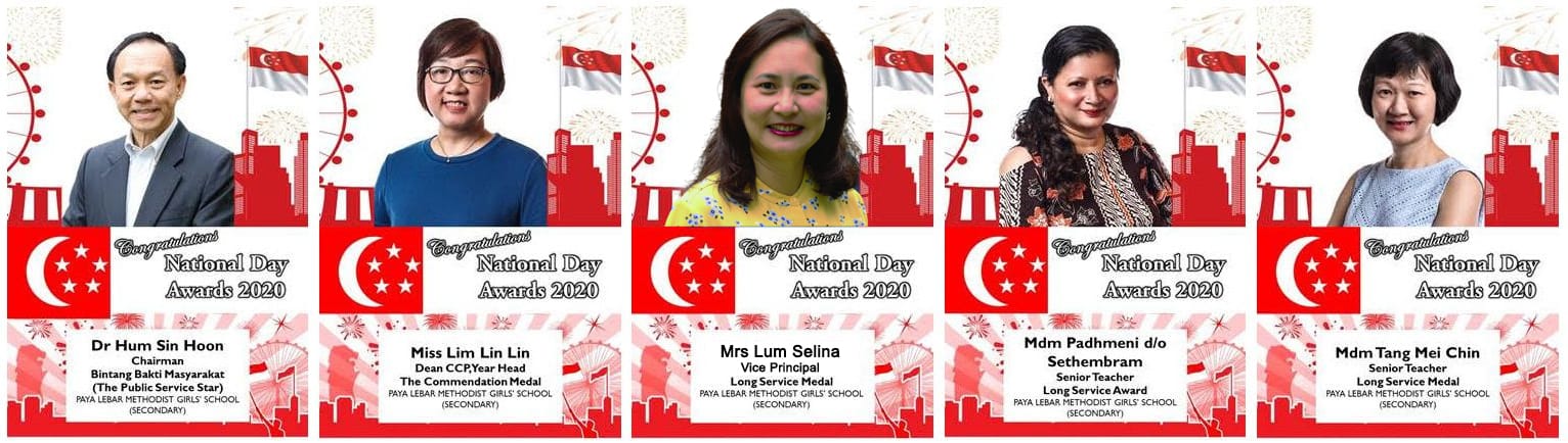 Five staff members from Paya Lebar Methodist Girls School congratulated for Singapore National Day Awards 2020.