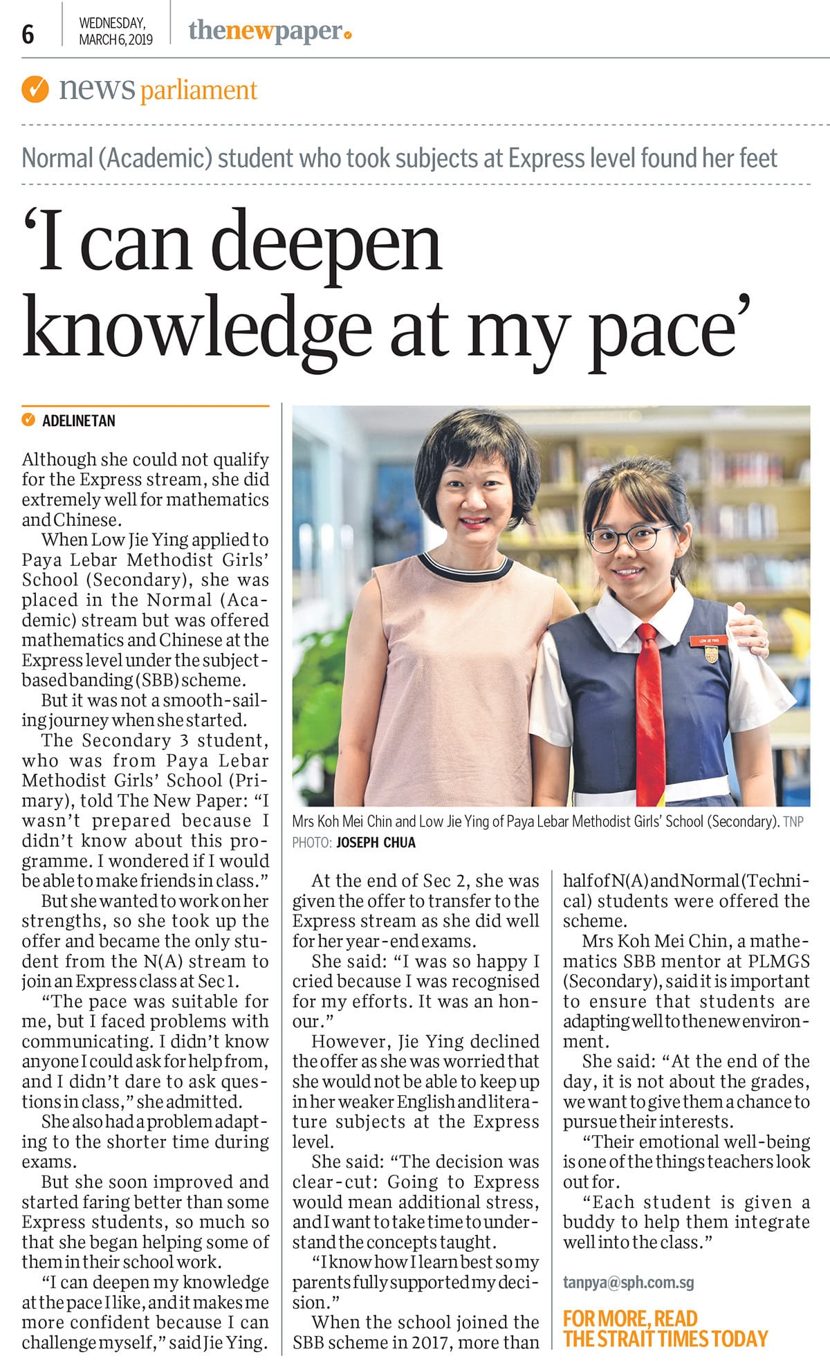 A newspaper article from The New Paper featuring a woman and a schoolgirl in uniform posing together in a library.