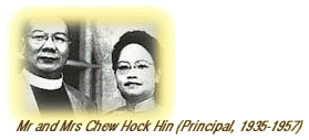 Black and white portrait of Mr and Mrs Chew Hock Hin, labeled as Principal from 1935 to 1957.