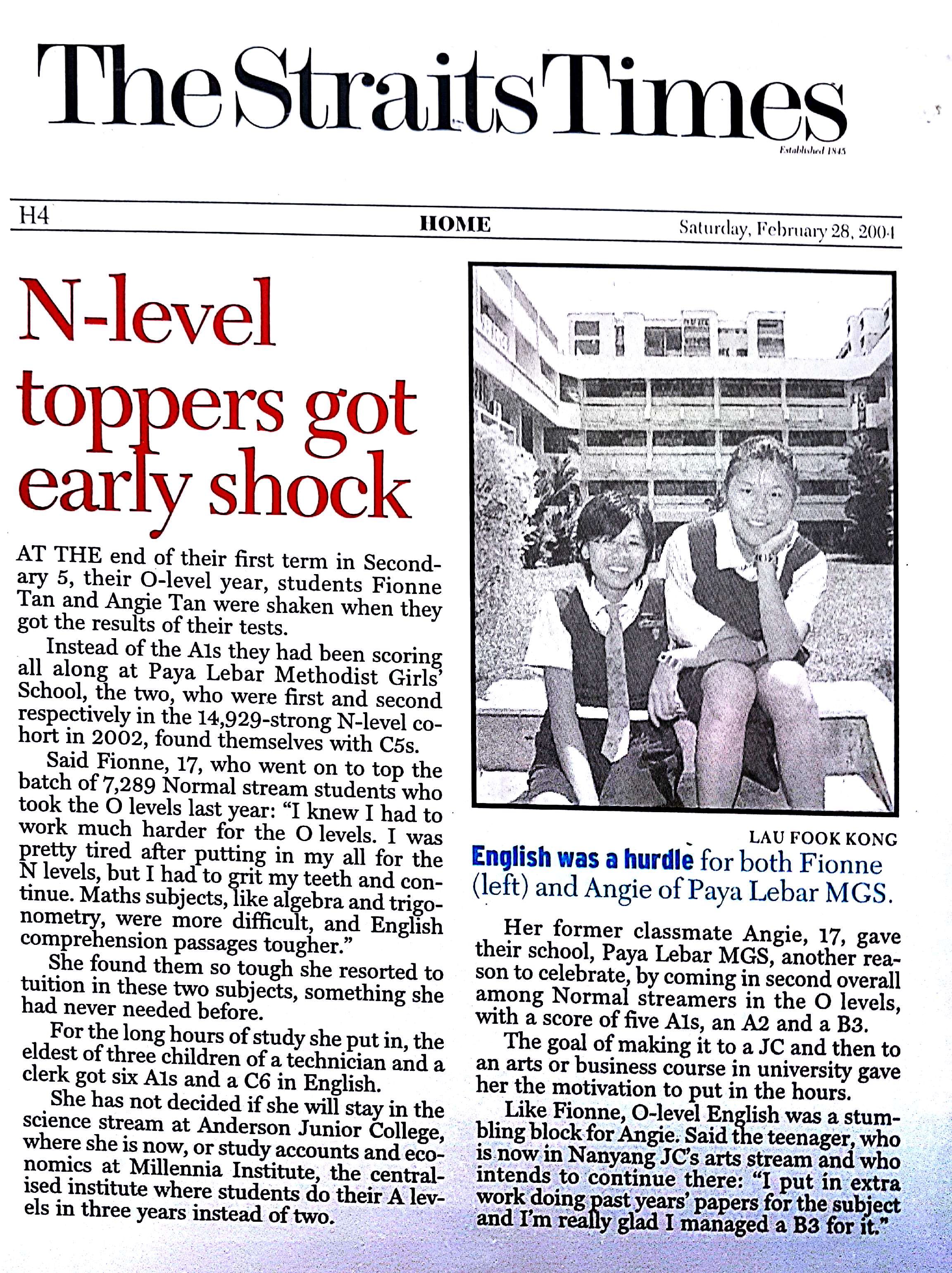 The Straits Times article dated February 28, 2004, headlined "N-level toppers got early shock," with a photo of two schoolgirls.