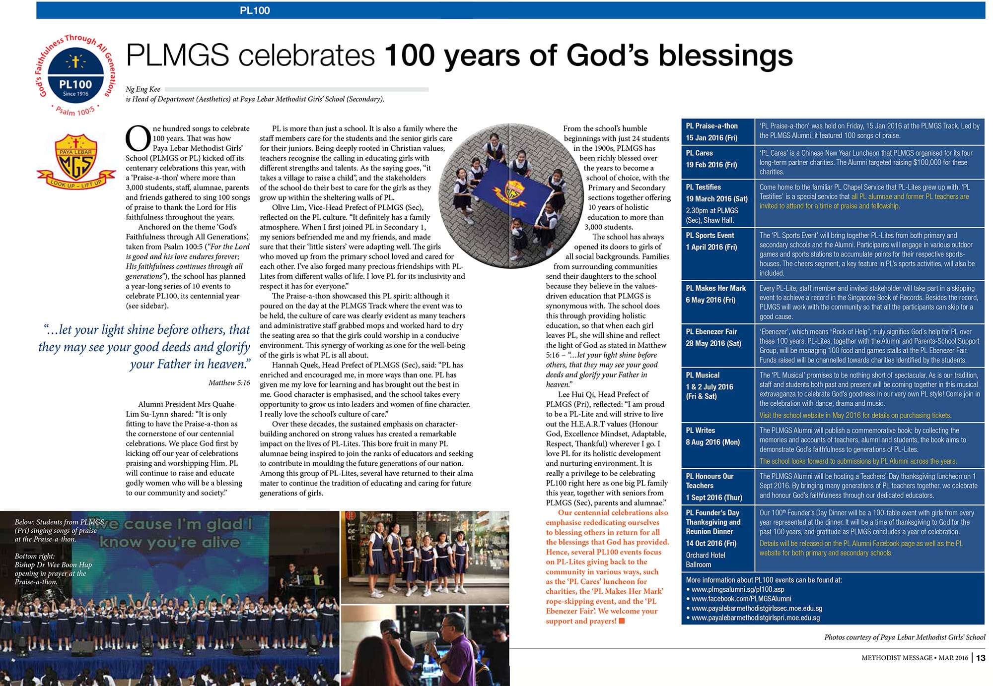 Magazine page titled "PLMGS celebrates 100 years of God's blessings" with text columns and student photos.