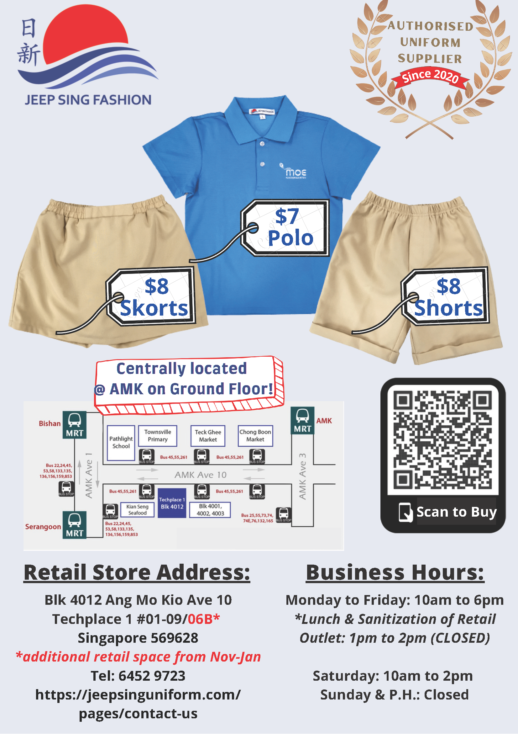 Jeep Sing Fashion flyer showing school uniform items: blue polo for $7, khaki skorts and shorts for $8 each, with store details.