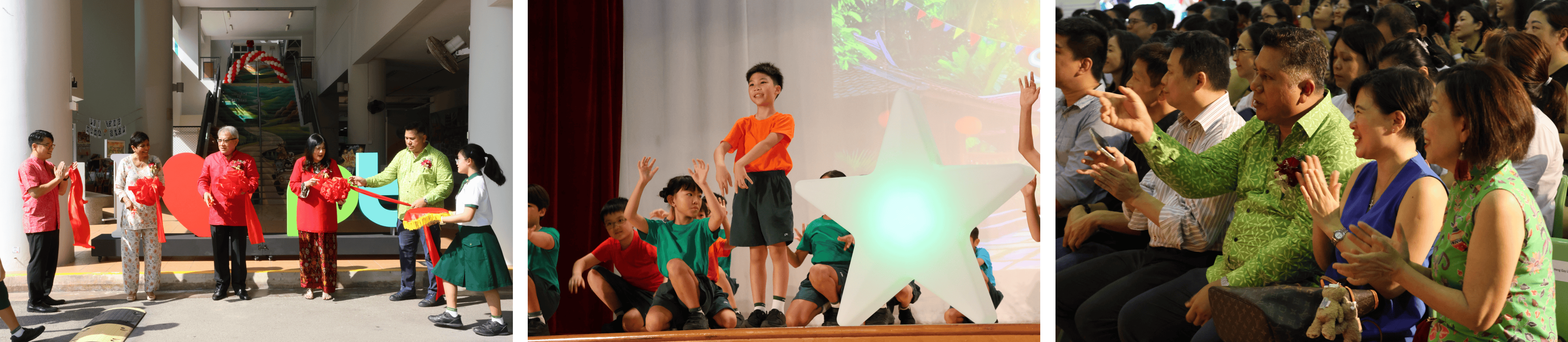 Three scenes: adults at a ribbon cutting, children performing on stage with a star prop, and an audience clapping.