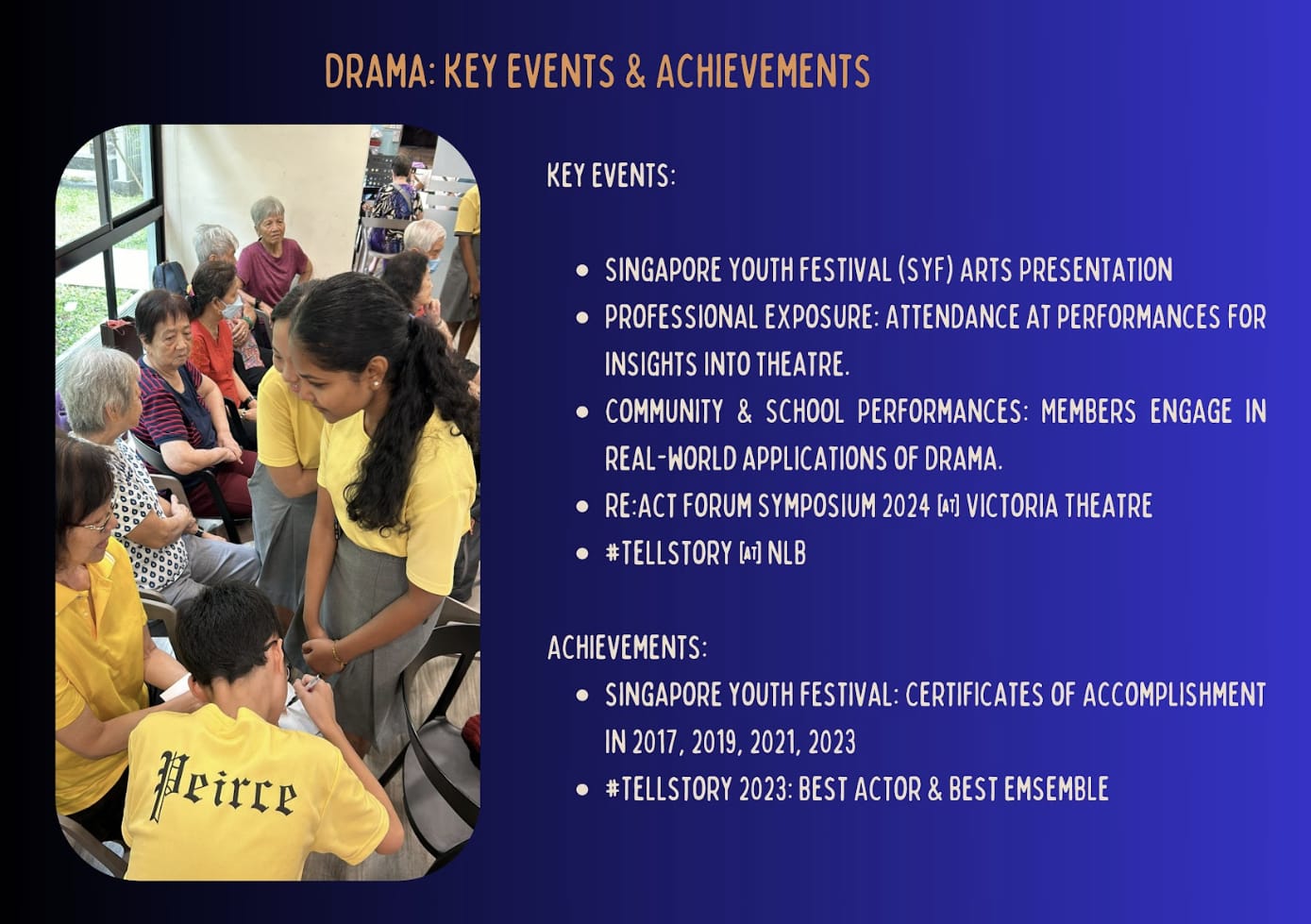 Slide titled Drama Key Events and Achievements with a photo of students in yellow shirts performing for elderly people.