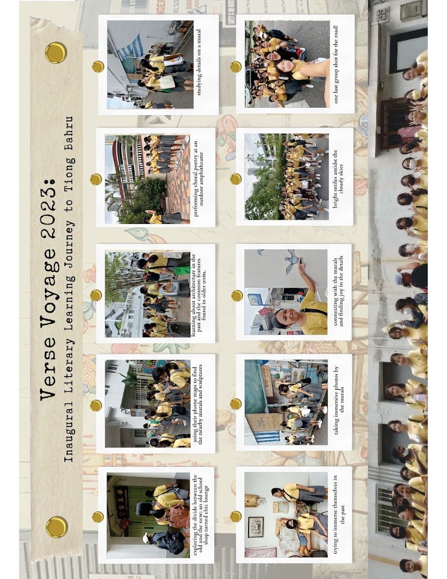 Scrapbook titled Verse Voyage 2023 with ten photos of students in yellow shirts on a literary trip to Tiong Bahru.