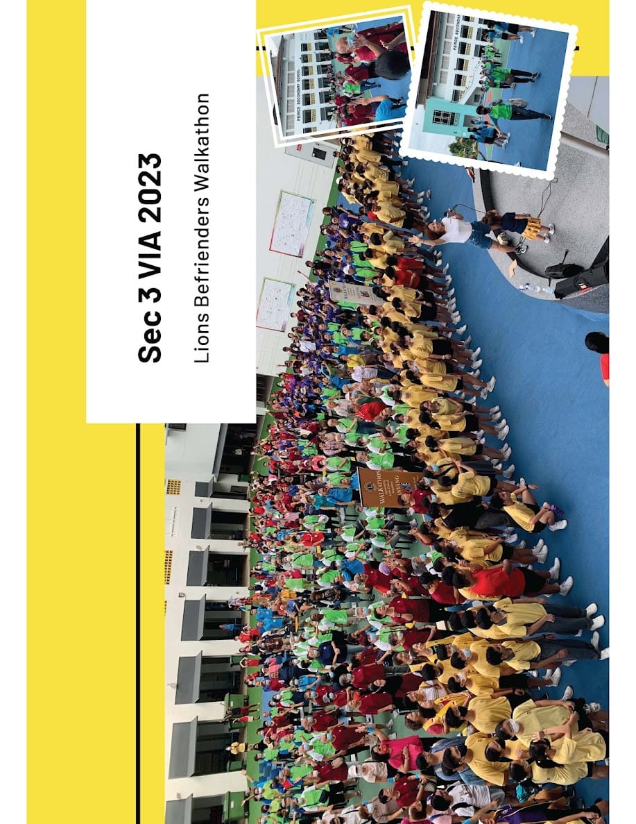 Large group of students in colorful shirts gathered outdoors for Sec 3 VIA 2023 Lions Befrienders Walkathon.