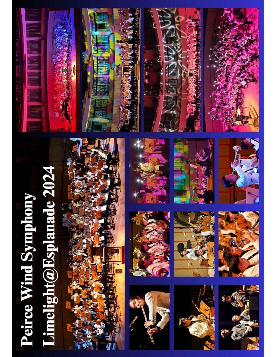 Collage of Peirce Wind Symphony Limelight at Esplanade 2024 concert photos with colorful stage lighting.