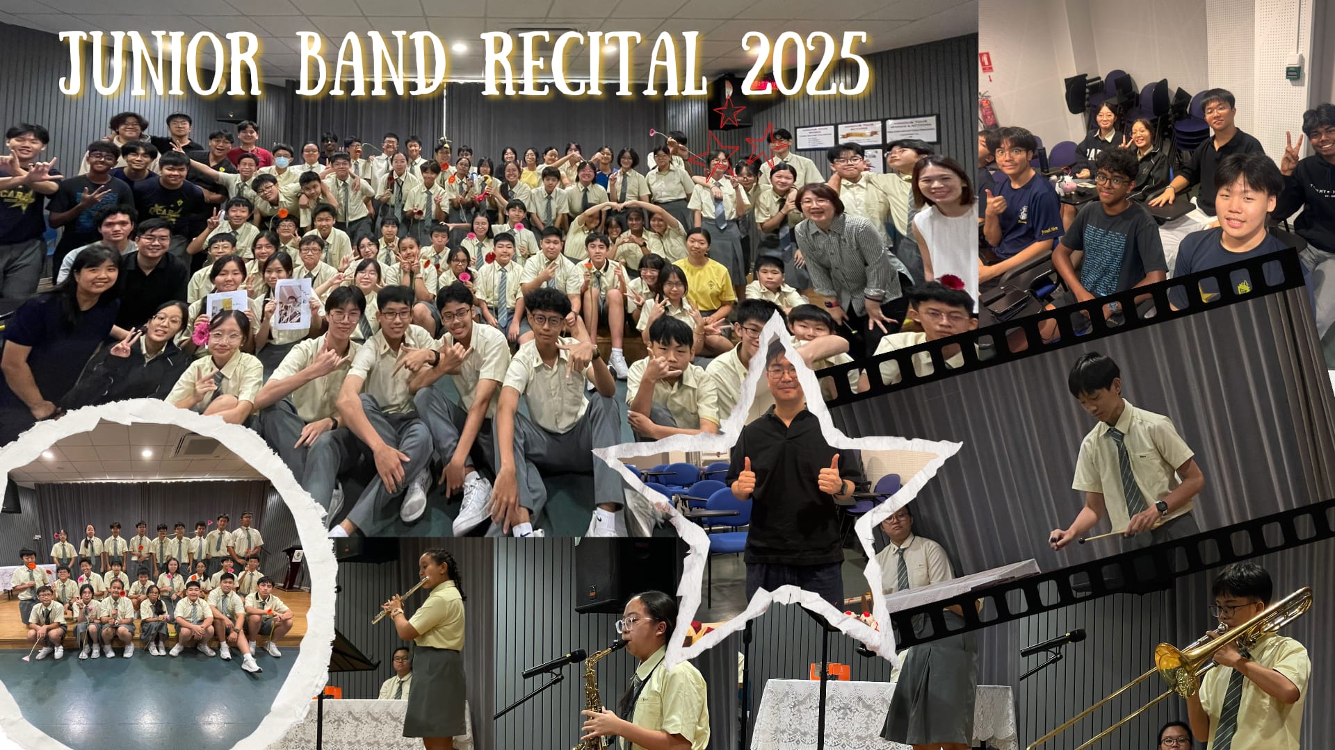 Collage of students in uniforms performing and posing at Junior Band Recital 2025, with instruments visible.
