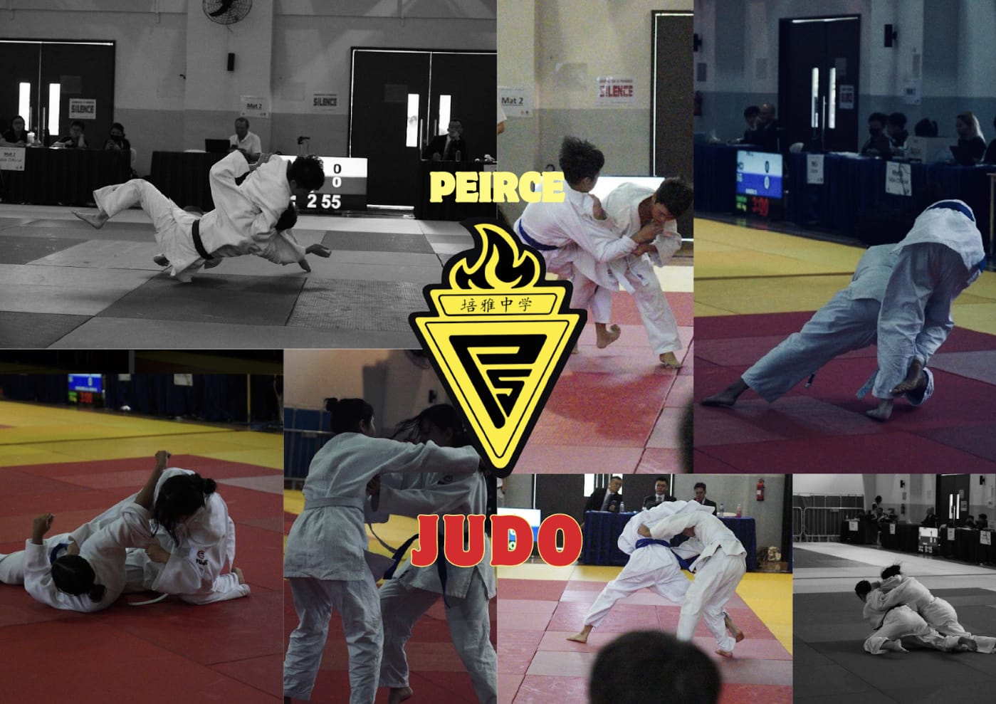 Collage of judo competitors in white uniforms sparring on mats, with Peirce school logo and the word Judo overlaid.