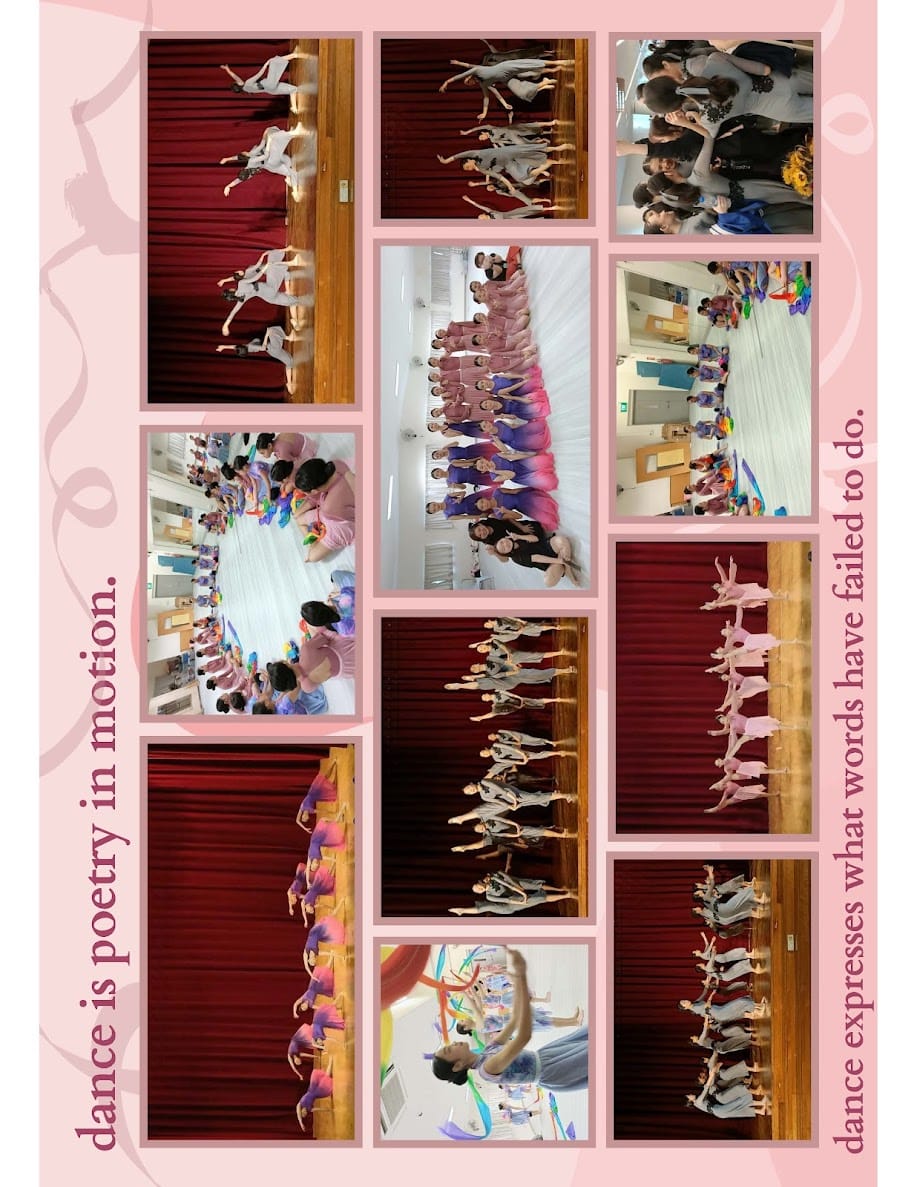 A pink collage of nine photos showing groups of dancers performing on stage and in studios with dance quotes.