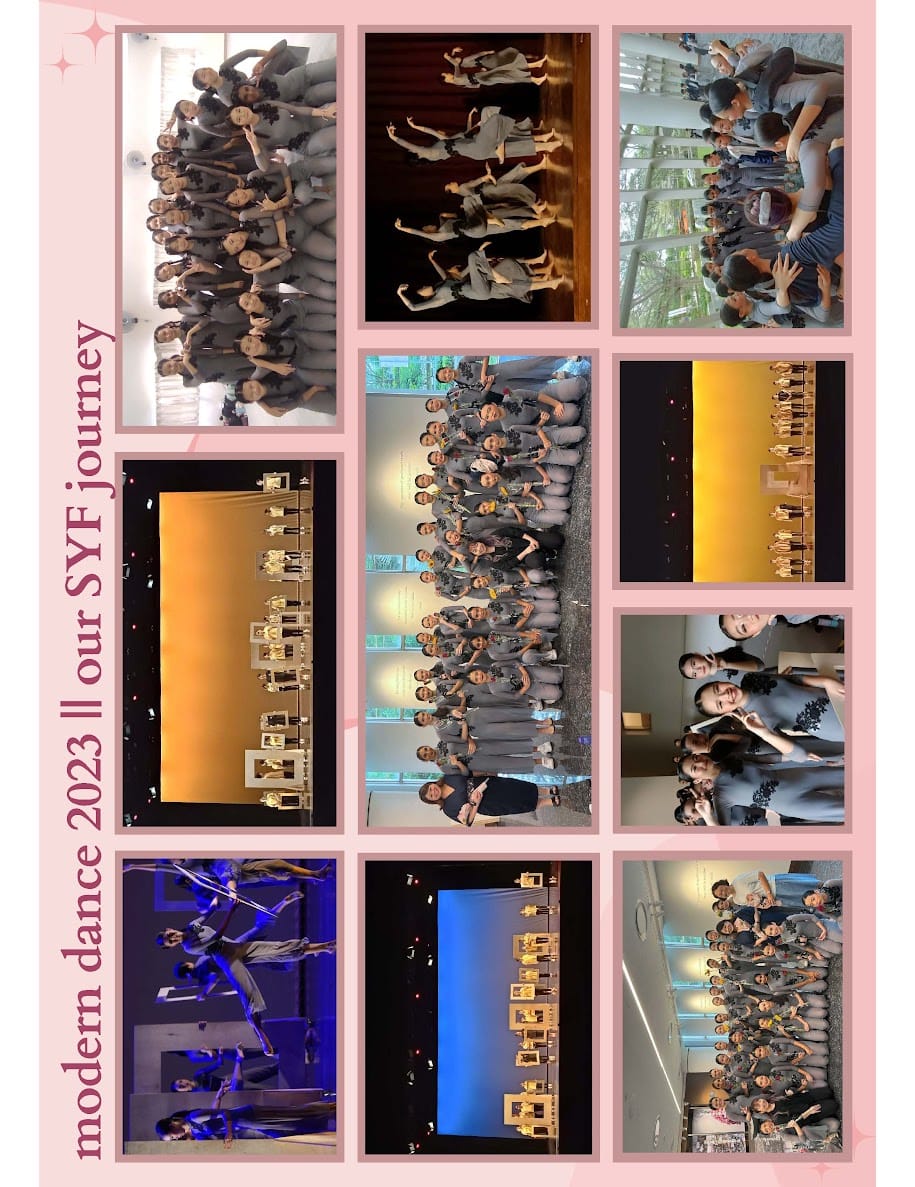 Collage of modern dance group photos and performances labeled "modern dance 2023, our SYF journey" on a pink background.