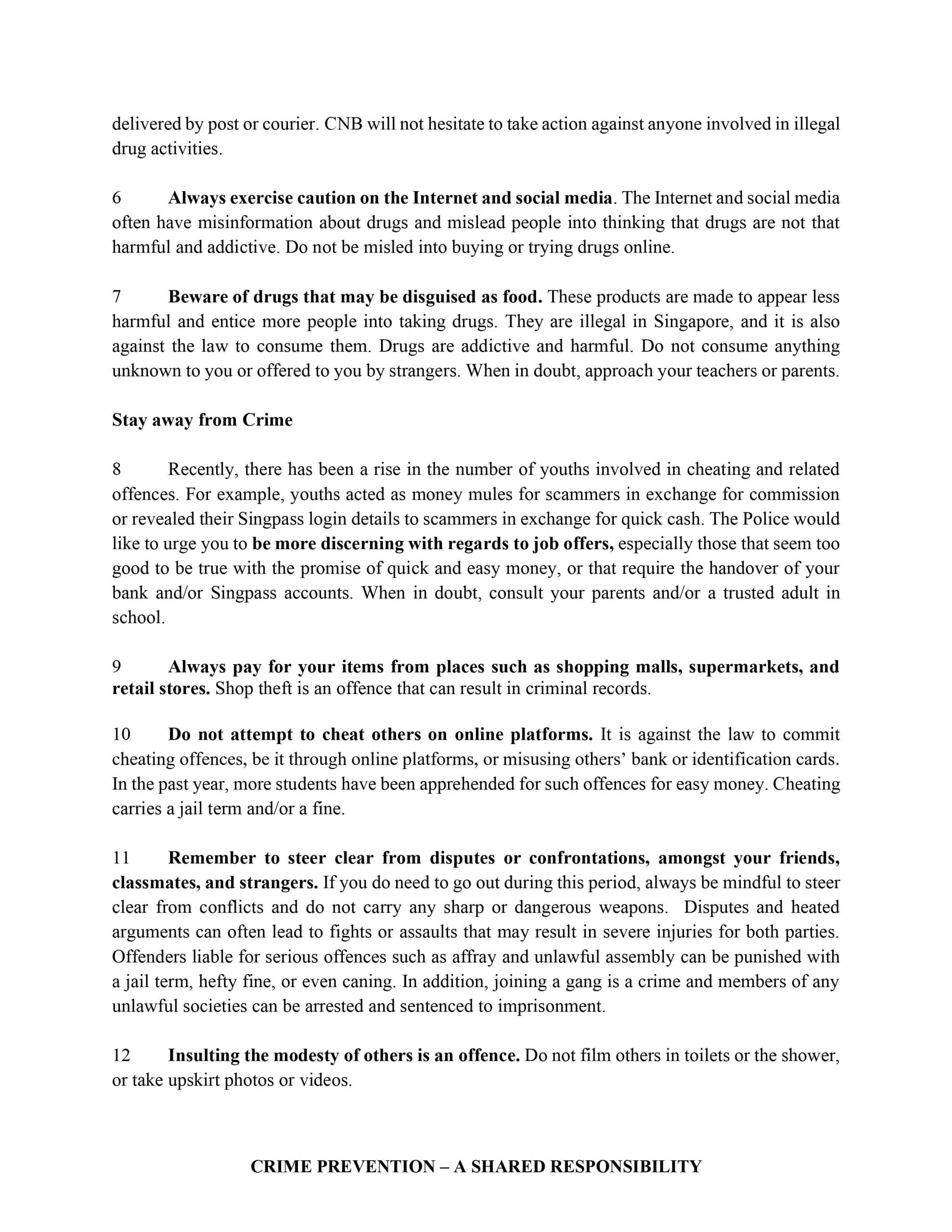 Printed document with numbered tips 6 to 12 on crime prevention covering drugs, scams, theft, and safety.