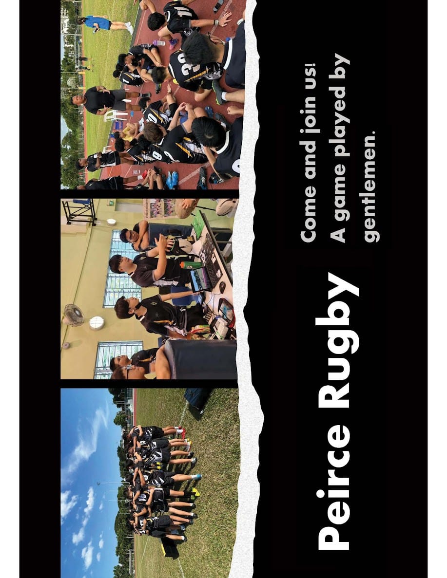 Peirce Rugby recruitment poster with three photos of players and text "Come and join us! A game played by gentlemen."