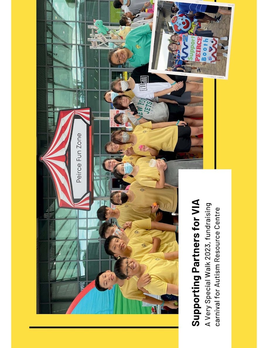 Group of students in yellow shirts pose at Peirce Fun Zone booth during a fundraising carnival for Autism Resource Centre.