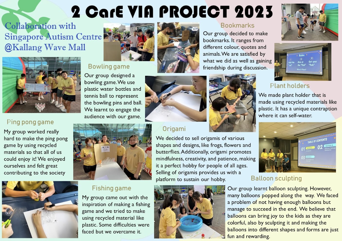 A school project poster showing students in yellow shirts doing activities like origami, bowling, and fishing games at Singapore Autism Centre.