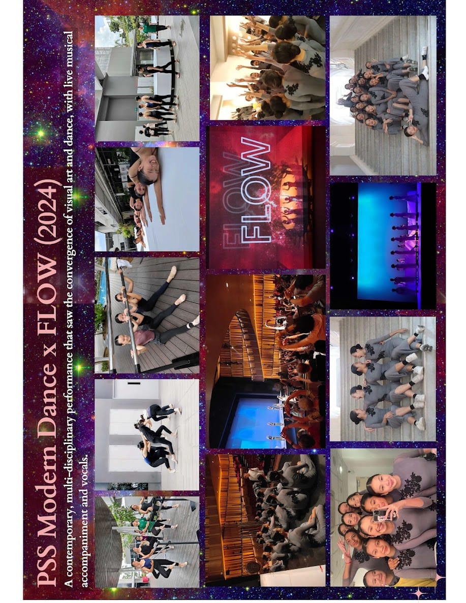 Collage of PSS Modern Dance x FLOW 2024 show photos featuring dancers performing on stage and outdoors.