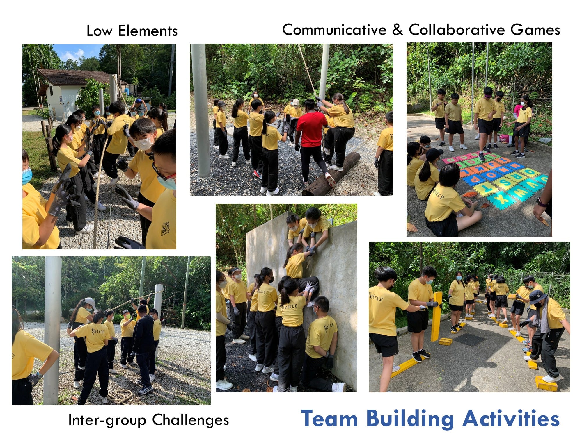 Students in yellow shirts participate in outdoor team building activities including low elements, games, and group challenges.