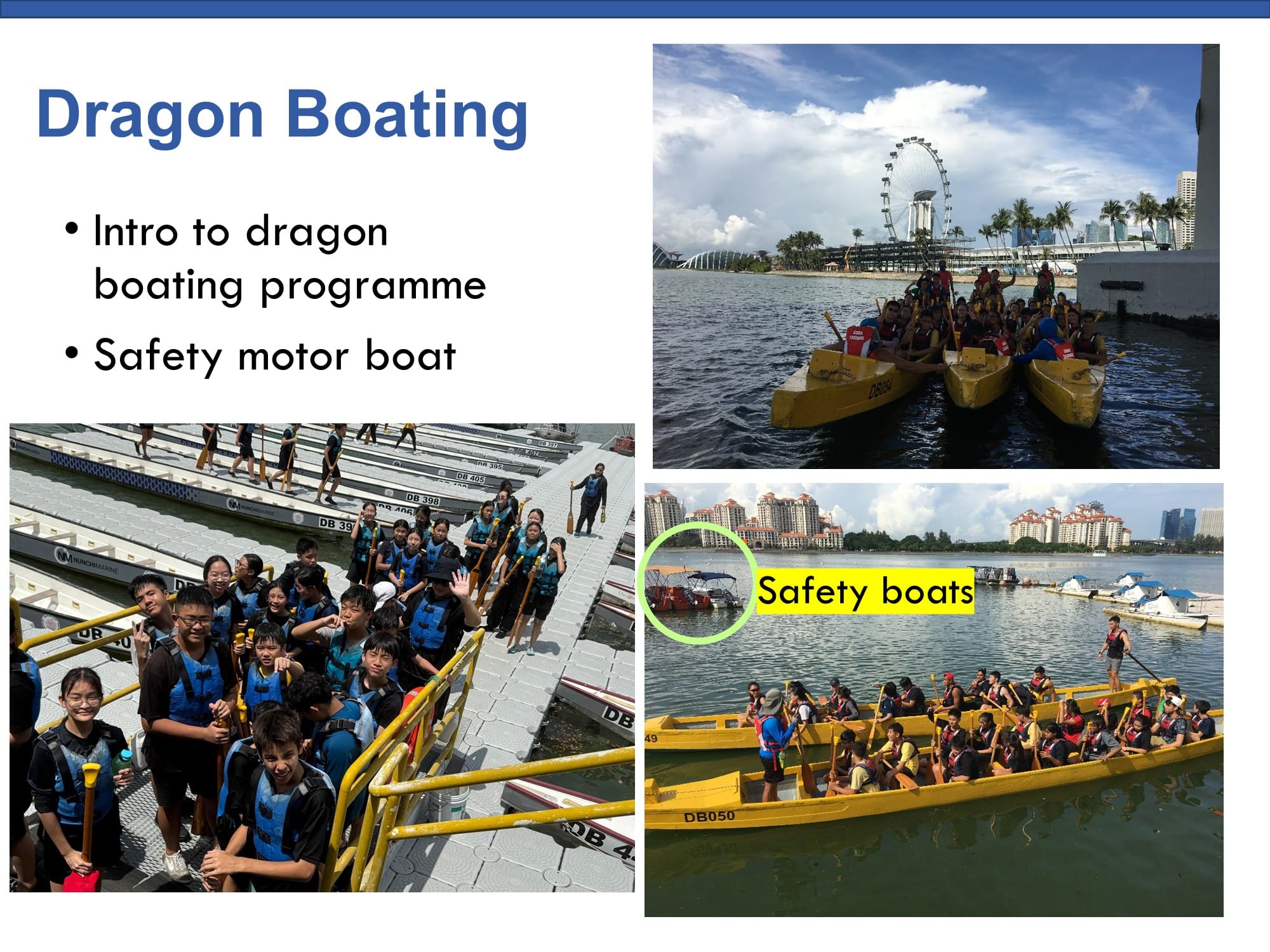 Slide titled Dragon Boating showing students in life jackets on docks and paddling yellow dragon boats on water.
