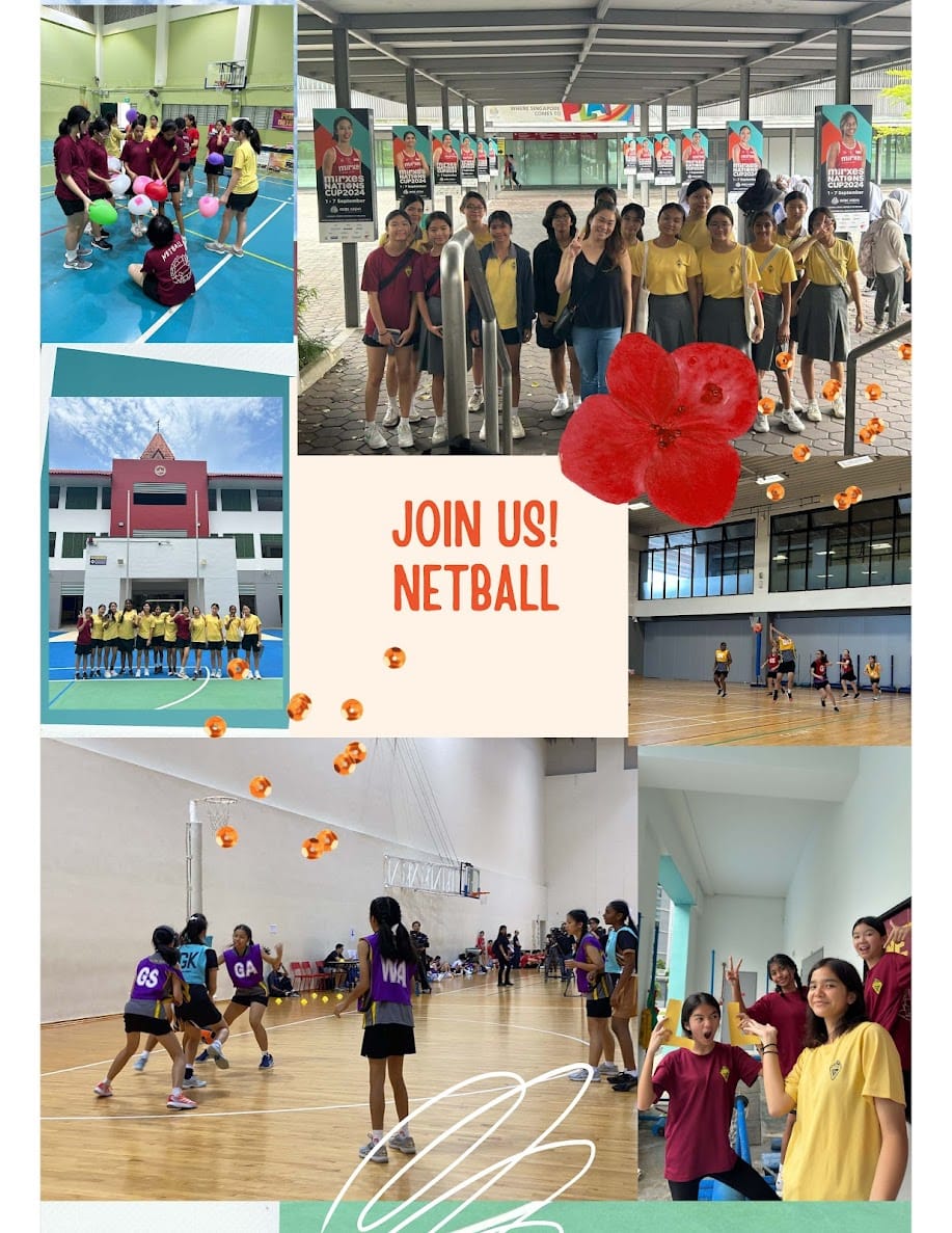 Collage of girls playing and posing for netball with text reading Join Us Netball.
