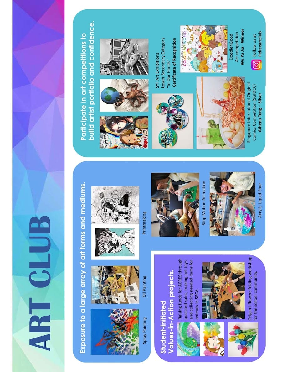 Art Club promotional poster showing student artwork, competition achievements, and activities like printmaking, oil painting, and origami.