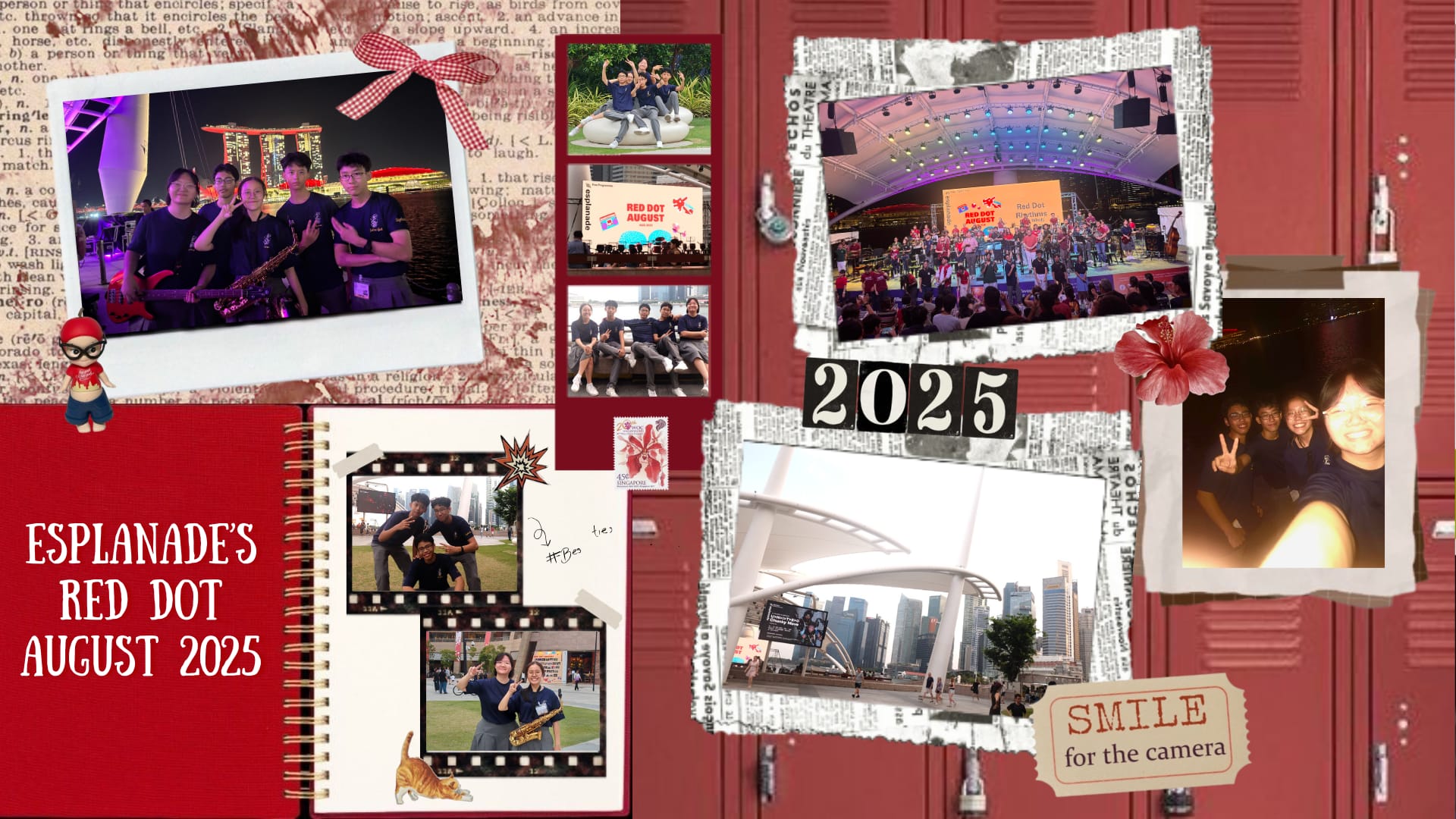 Scrapbook collage of Esplanade's Red Dot August 2025 event with student group photos and stage performance shots.