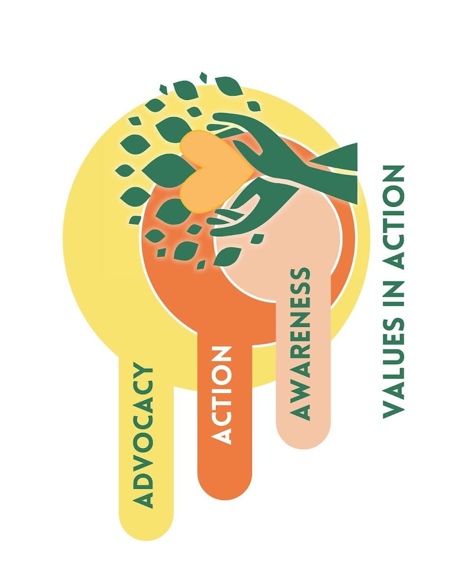 Colorful illustration with green hands holding a heart, leaves, and labels reading Advocacy, Action, Awareness, Values in Action.