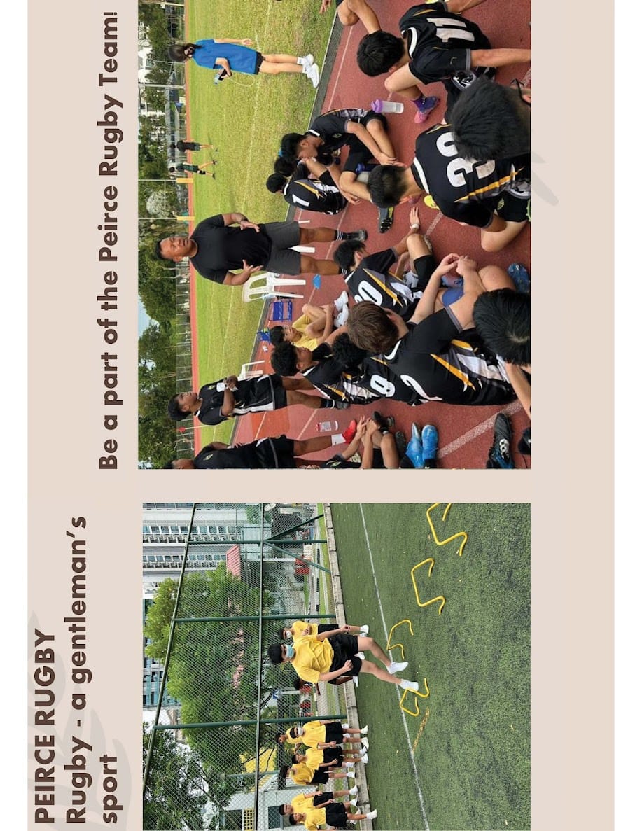 Peirce Rugby Team players in black jerseys huddle with a coach on a track, with a second photo showing players on a field.