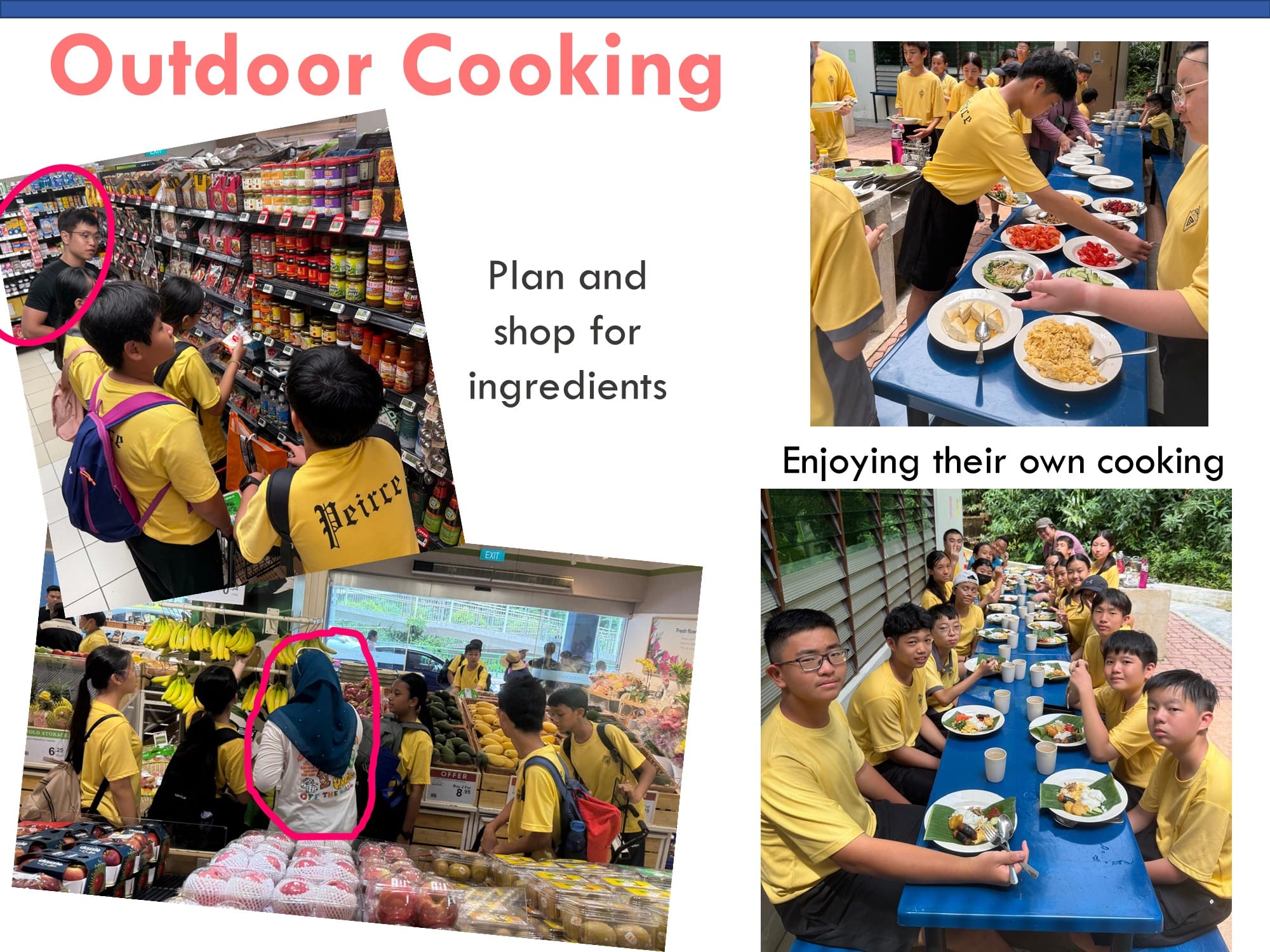 Students in yellow shirts shop for groceries, prepare, and eat food together outdoors in an outdoor cooking activity.