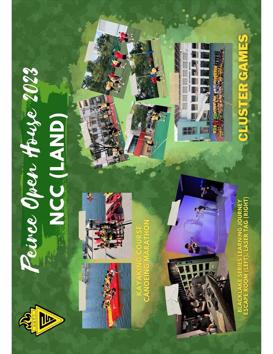 Peirce Open House 2023 NCC Land poster showing cluster games, kayaking, canoeing, laser tag, and escape room photos.
