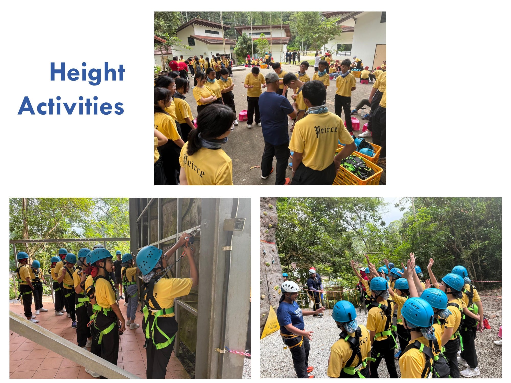 Students in yellow shirts and blue helmets with harnesses participate in outdoor height activities near a climbing wall.