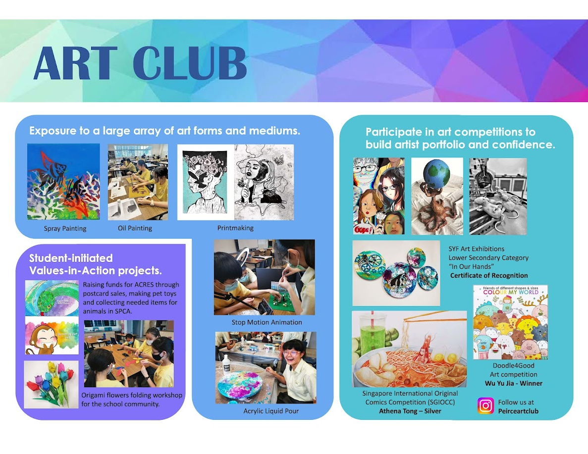 Art Club promotional poster showing student artwork, competition achievements, and activities like printmaking, oil painting, and origami.
