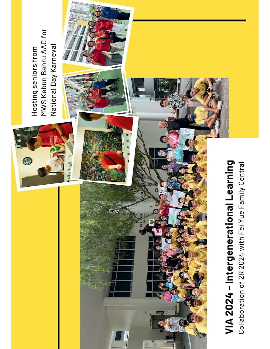 A yellow poster showing group photos from VIA 2024 intergenerational learning events with seniors and students.