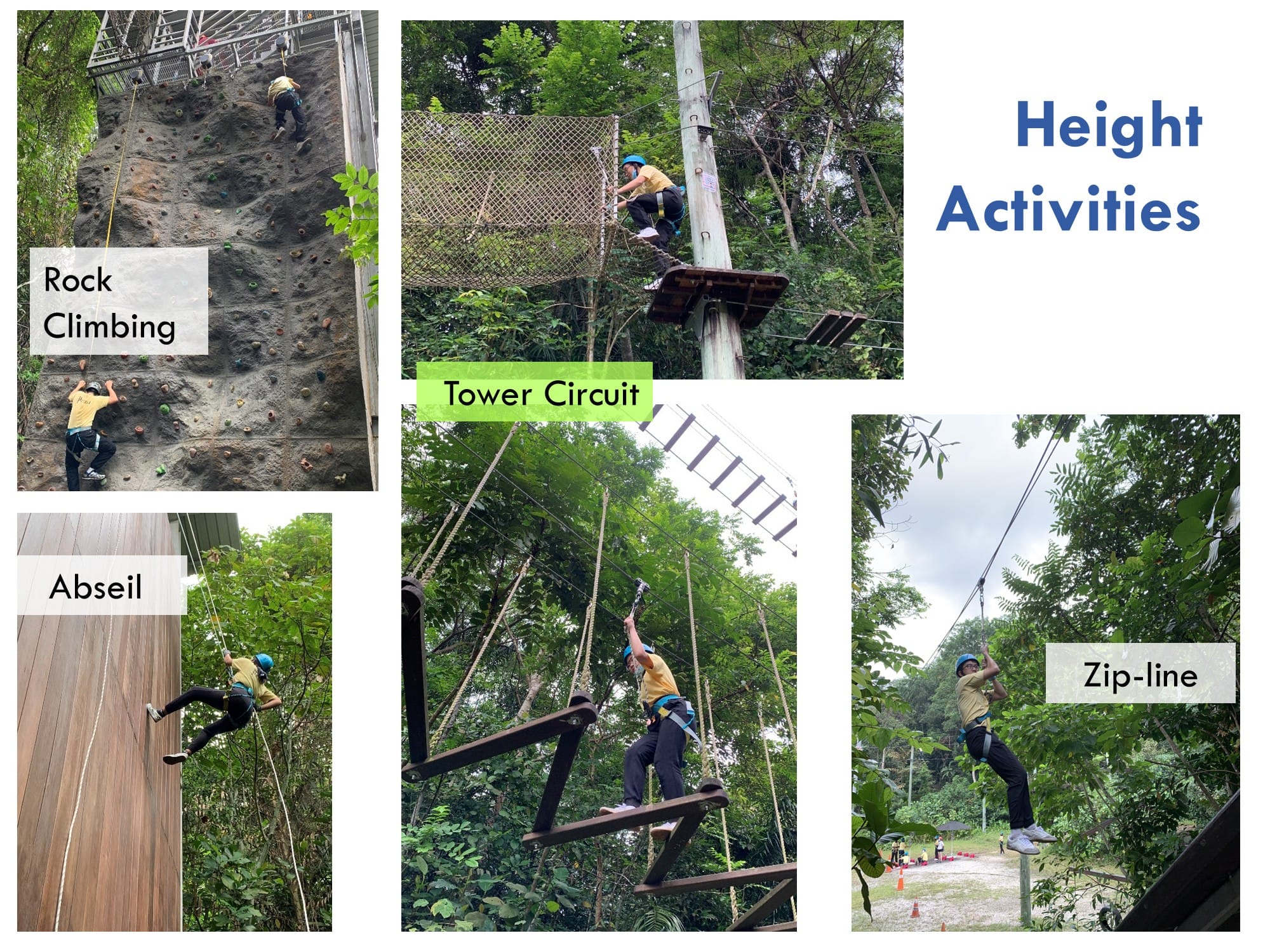 Five photos showing height activities: rock climbing, tower circuit, abseil, rope course, and zip-line, each with a helmeted participant.