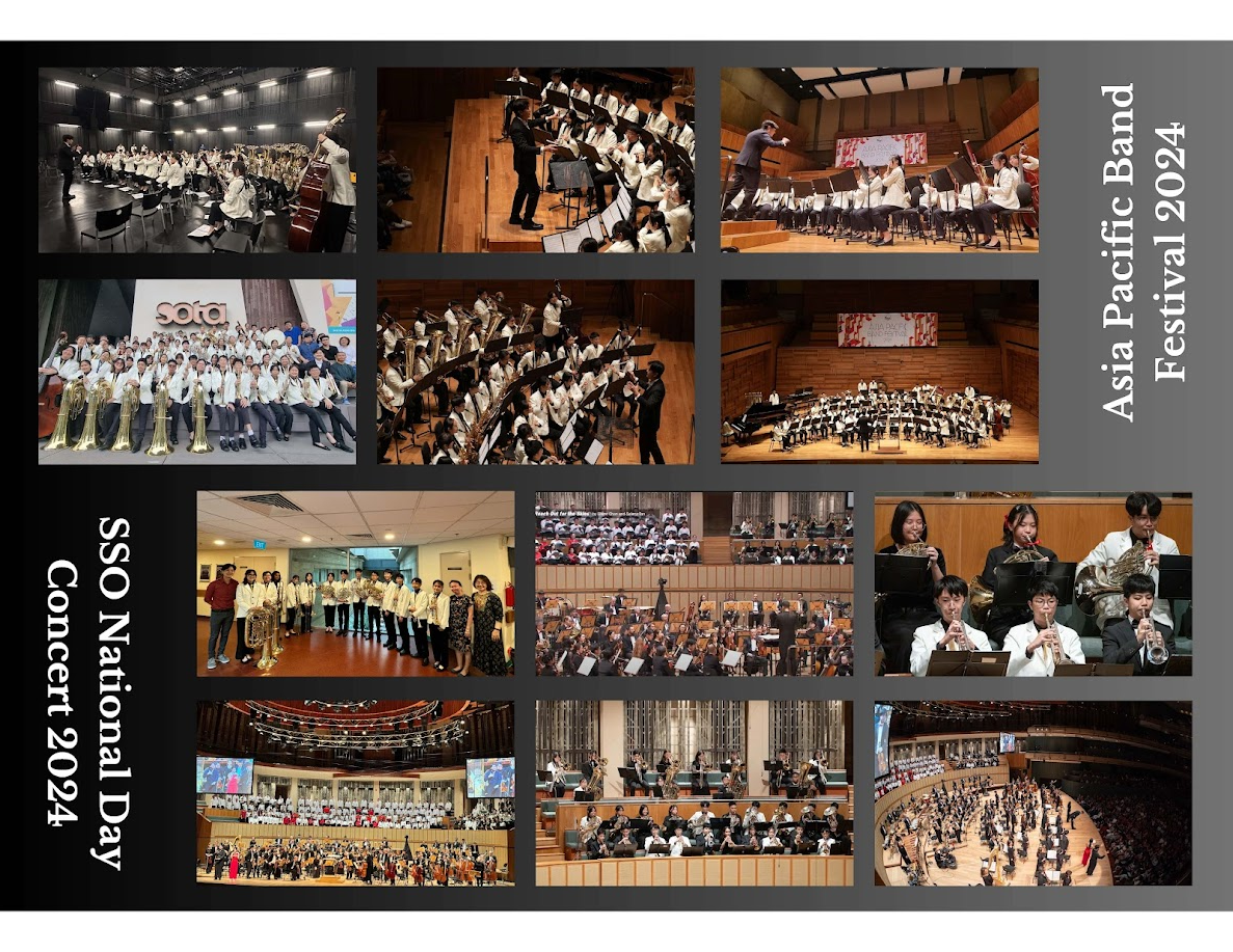 Collage of band and orchestra performance photos labeled Asia Pacific Band Festival 2024 and SSO National Day Concert 2024.
